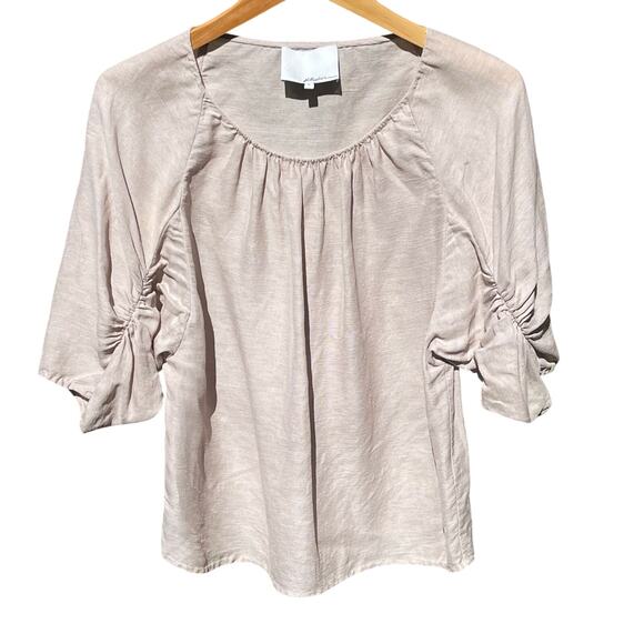 3.1 PHILLIP LIM Women’s Silk and Linen Blend Tan Puff Sleeve Blouse - Picture 2 of 5